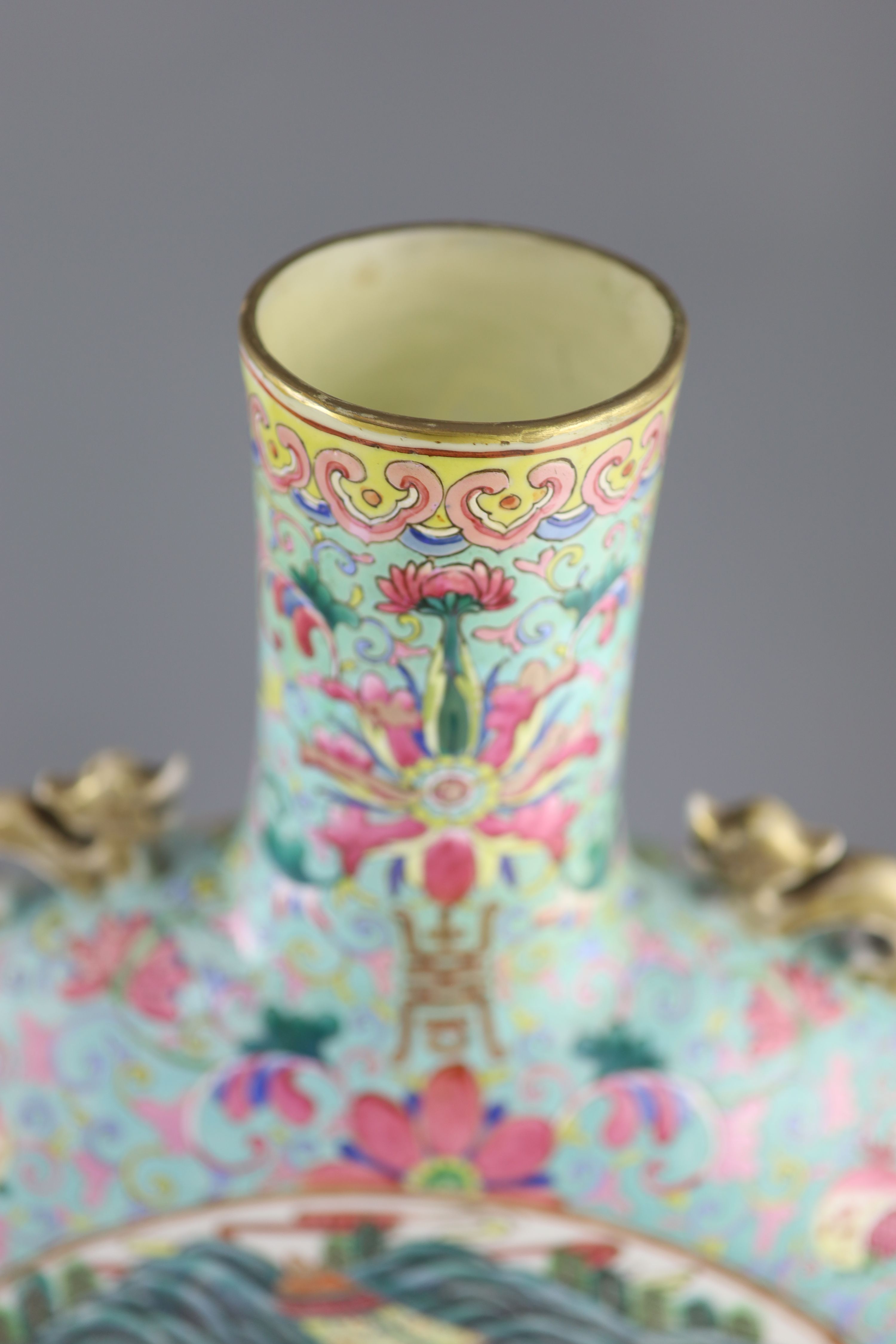 A pair of large Chinese turquoise ground famille rose moon flasks, Tongzhi seal mark and of the period (1862-74), 51cm high, Provenance